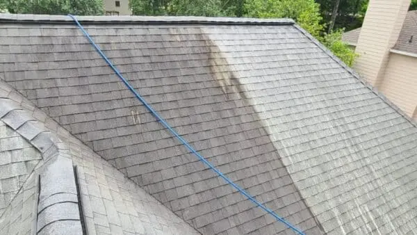 A detailed view of roof algae removal using safe, low-pressure washing. The image shows a visible contrast between the cleaned and untreated roof surface
