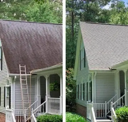 Roof cleaning in Cumming GA removed dark streaks and stains using a safe soft wash method that restored the roof’s look and improved home appearance