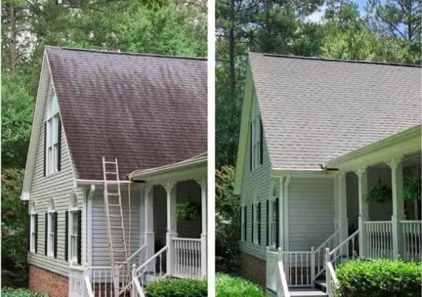 Roof cleaning in Cumming GA removed dark streaks and stains using a safe soft wash method that restored the roof’s look and improved home appearance