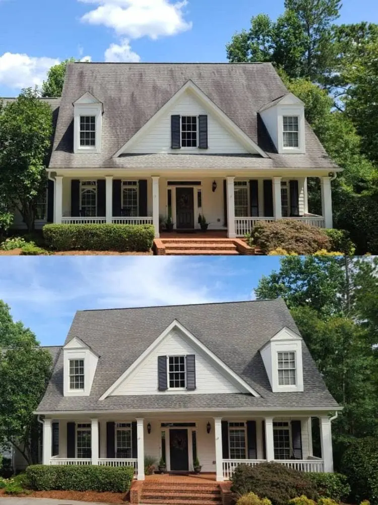 Dramatic before-and-after of roof cleaning in Johns Creek GA. Aqua-Nomics removes stains and buildup to restore curb appeal and roof longevity
