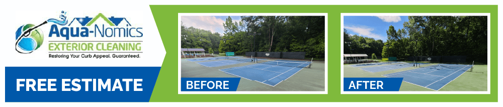 Get a free estimate for professional tennis court cleaning. See before-and-after results with Aqua-Nomics Exterior Cleaning experts in action