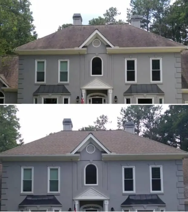 See the dramatic difference a professional pressure wash makes on your home’s exterior with this before and after transformation image