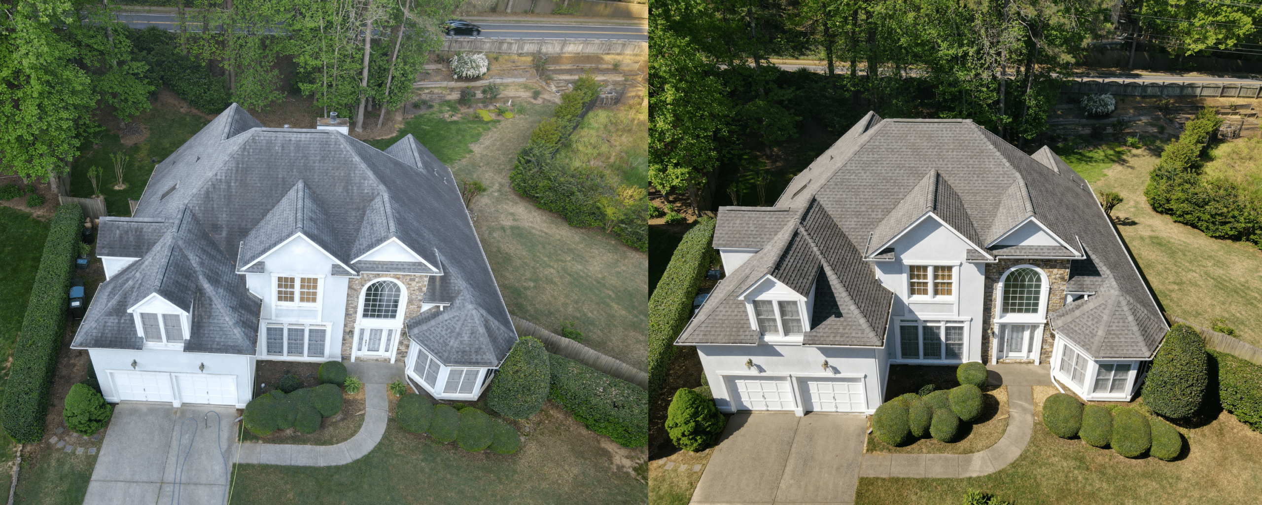 Before and After Slate Roof Cleaning Side-by-side comparison of a home’s roof before and after Aqua-Nomics slate roof cleaning—restoring color, beauty, and property value
