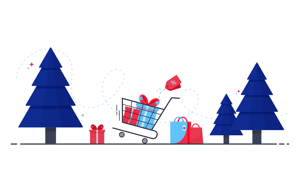 Holiday Shopping Scene with Gifts and Trees Festive illustration of Christmas trees, gifts, and shopping cart—ideal for promoting seasonal décor and light installation services