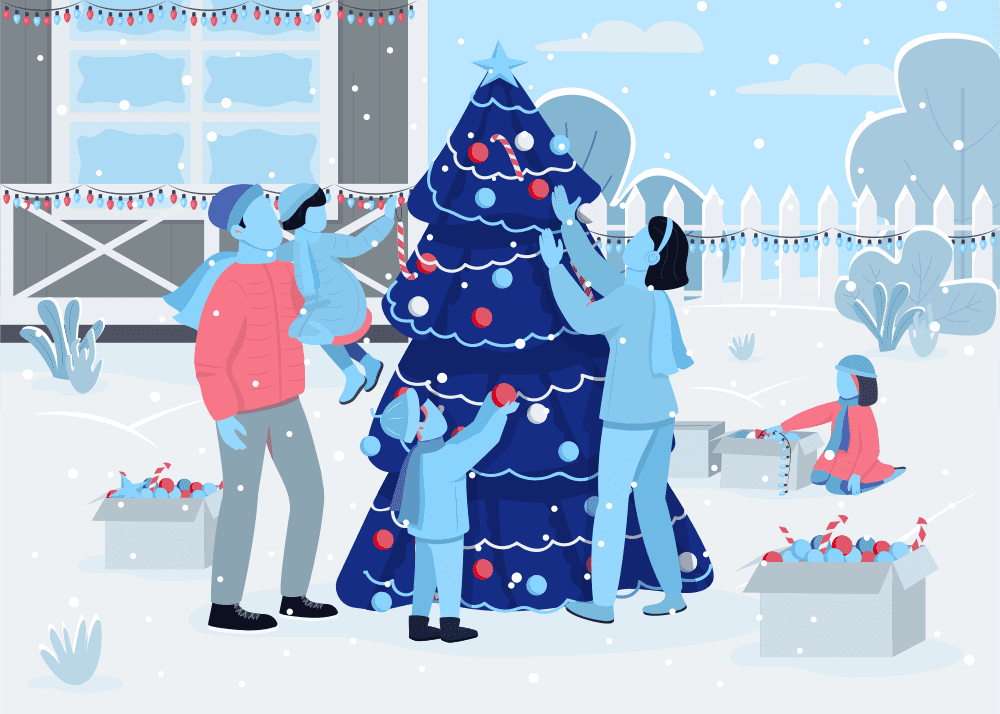 Family Decorating Outdoor Christmas Tree Festive illustration of a family hanging ornaments and lights on a Christmas tree—perfect for promoting holiday light installation services