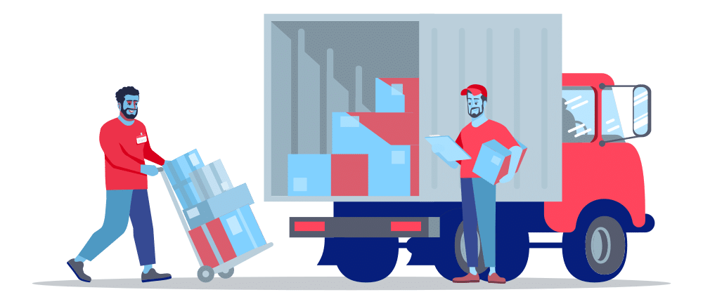 Team Preparing Boxes for Delivery or Setup Illustration of a professional crew unloading and organizing boxes—ideal for services like installation, delivery, or holiday light setup