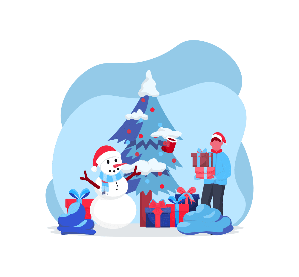 Snowman and Gifts by Decorated Christmas Tree Festive winter scene with snowman, presents, and a Christmas tree—great for promoting holiday lighting and seasonal decoration services