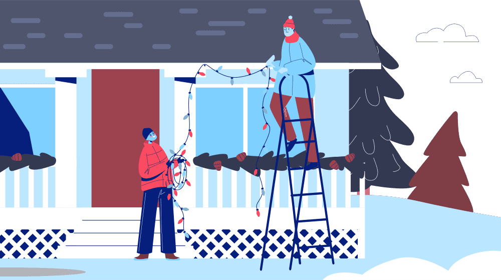 Hanging Christmas Lights on House Roof Illustration of people installing holiday lights on a home—ideal visual for showcasing Aqua-Nomics Christmas light installation services